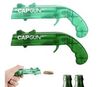 2 Pcs Beer Bottle Opener Cap Gun, Funny Cap Gun Bottle Opener Launcher Shooter, Caps for Cap Gun for Shooting Game Home Bar Party Christmas, Gift for Him(Transparent Blue-Green + Beer Bottle Green)