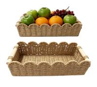 2 PCS Beige Paper Rope Storage Basket Set, Hand-Woven Scalloped Woven Organizer Bins with Wooden Handles, Decorative Nesting Wicker Tray for Desktop Fruit Snacks Toiletries, Large & Small