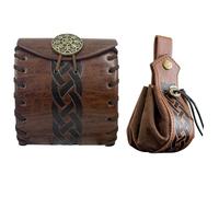2 PCS Belt Pouch Small Retro Drawstring Coin Purse Dice Bag Faux Leather Renaissance Medieval Costume Accessory (A-Brown)