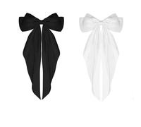 2 Pcs Big Bow Barrettes Long Tail French Ribbon Hair Pins Solid Color Soft Silky Satin Hair Clip Metal Bowknot Clips, Accessories for Party Valentine's Day Women Girl (White,Black)