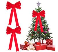 2 Pcs Big Red Christmas Bows Decorations 11” x 20” Large Christmas Tree Topper Bow Red Velvet Bow with Glitter Gold Edge for Wreaths Tree Outside Decorating Xmas Home Front Door Decor