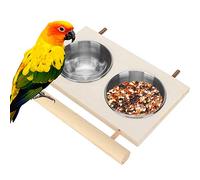 2 PCS Bird Feeding Dish Cups, Stainless Steel Bird Cage Feeder,Hanging Parrot Food Bowls with Wooden Platform for Parakeet Cockatiels Budgie Finches