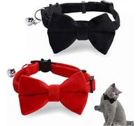 2 Pcs Black and Red Velvet Bow Tie Cat Collar, Adjustable Breakaway Collars with Bell and Bow Tie Solid Color Removable Cats with Safety Buckle for Cats Kitten Puppy Pet Accessories