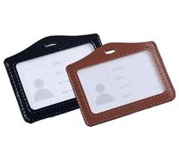 2 Pcs Black&Brown Durable Leather ID Badge Holder, Double Sided Clear Window Horizontal Holders Waterproof Name Card Holders for Office, Staff, Students, Employees
