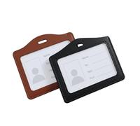 2 Pcs Black&Brown Leather ID Badge Holder, One Sided Clear Window Horizontal Holders Waterproof Name Card Holders for Office, Staff, Students, Employees