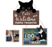 2 PCS Black Cat Sign, Funny Quote Cats Home Decor Wood Welcome Sign Door Hanging Wooden Plaque for Outdoor Kitty Wall Art Pediment Pet Shop
