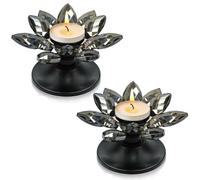 2 PCS Black Crystal Flower Tea Light Holder, Glass Tealight Candlestick with Metal Base, Votive Candle for Table Centerpiece, Wedding/Parties Decor, Nice Gift