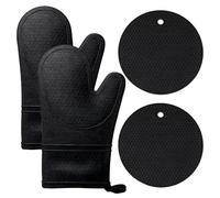 2 Pcs Black Silicone Oven Mitts with 2 Pcs Resistant Trivets Set, 500°F Heat Resistant Oven Gloves Non-Slip Grip and Soft Cotton Lining for Cooking Baking BBQ Kitchen Safety
