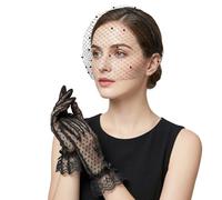 2 PCS Black Veil with Black Lace Gloves, Mesh Birdcage Veils for Women Fascinators Hats with Rhinestone for Women, Funeral Veil Headband for Woman Bridal Wedding Tea Party Funeral Church Costume