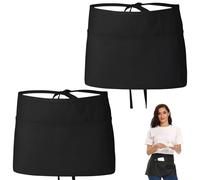 2 Pcs Black Waitress Apron for Women,Cleaning Apron with Pockets - Professional Adjustable Waist Short Half Server Anti-dirt,Chef Aprons Waterdrop Resistant for Woman Home Kitchen Restaurant Work