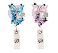 2 Pcs Bling Butterfly Retractable ID Badge Holder Nurse Badge Reels with Clip, 24 inch Retractable Cord, Name Card Holders for Office Worker Doctor Girls Women, Badge Holders(Blue+Pink)