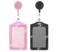 2 PCS Bling ID Badge Holder, Retractable Black Pink Vertical Badge Holders, Portable Rhinestone Teacher Lanyard Reel Clip for Nurse, Doctor, Office Business(Pink, Black)