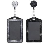 2 Pcs Bling ID Badge Holder, Vertical Badge Holder Retractable Crystal Neck Lanyard Rhinestone Name Badges Portable Rhinestone Work Badges Reel Clip for Office Business Home Black White