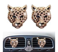 2 Pcs Bling Leopard Air Vent Clips, Crystal Leopard Car Air Fresheners Vent Clips Car Diffuser Vent Clip Rhinestone Decoration Interior Decor Diamond Bling Accessories for Women (Golden)