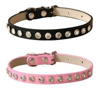 2 Pcs Bling Rhinestone Dog Collars, Adjustable PU Leather Pet Accessory with Metal Buckle and D-Ring, Sparkling Cat Necklaces for Small Medium Puppies, Black and Pink