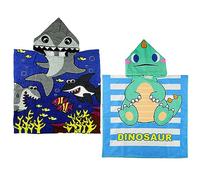 2 Pcs Blue Kid Beach Towels, 60x120cm Cartoon Child Hooded Poncho Towel Children Changing Robe for Beach Swimming Bath Towel Bathrobe Dinosaur Towel for Aged 3-7 Boys Toddler (Shark, Dinosaur)