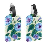 2 Pcs Blue Morning Glory Blossoms Pattern Print PU Leather Luggage Tags Travel Suitcase Labels with Adjustable Strap Privacy Protection Cover for Preventing Loss of Baggage