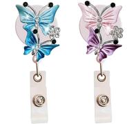 2 Pcs(Blue+Pink) Bling Butterfly Retractable ID Badge Holder Nurse Badge Reels with Clip, 24 inch Retractable Cord, Name Card Holders for Office Worker Doctor Girls Women, Badge Holders, Decorations