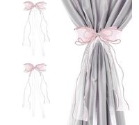 2 PCS Bow Curtain Tiebacks, Elegant Pink Bow Butterfly Curtain Tiebacks with Pearls Sweet Bowknot Holdbacks for Stylish Home Bedroom Offices Dining Rooms Wedding Party Decoration - 31.5 in(80 cm)