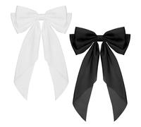 2 PCS Bow Hair Clips Solid Color Bow French Automatic Hair Clip with Long Silky Satin Tail Large Bows for Simple Women Girls Barrettes Hair Fastener Accessories(Black&White)