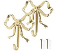 2 Pcs Bow Hook Towel Robe Hook, Decorative Bowknot Hanger Gold Towel Hook Multi-Purpose Bow Shaped Hat Hooks Brass Wall Hook Wall Hanging Towel Hook for Bathroom Bedroom Bathrobe, 3.6 x 3.5 x 0.8 in