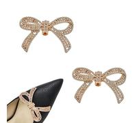 2 Pcs Bow Shoe Clips, Detachable Rhinestone Shoe Clips, Fashionable Shoe Accessories for High Heels and Flat Shoes, Gold, One Size