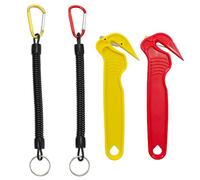 2 Pcs Box Cutter, Disposable Safety ABS Cardboard Cutter Film Double Side Strapping Opener Comfortable Grip Hook Knife Tool with 2 Stretchy Coil Key Chains for Carton Package Red Yellow