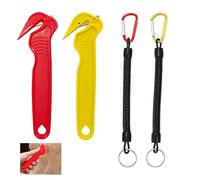 2 Pcs Box Cutter, Safety ABS Cardboard Disposable Film Cutter Double Side Strapping Opener Comfortable Grip Hook Tool with 2 Stretchy Coil Key Chains for Carton Package