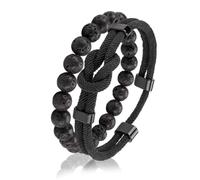2 Pcs Braided Rope Bead Bracelet Set, Natural Stone Stretch Bracelet | 2 Pcs Bracelet Set, Braided Rope & Natural Stone Bead, Stretch Bracelet, Black-Tone Metal, Everyday Jewelry, Unisex Gift