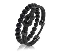 2 Pcs Braided Rope Bead Bracelet Set, Natural Stone Stretch Bracelet | 2 Pcs Bracelet Set, Braided Rope & Natural Stone Bead, Stretch Bracelet, Black-Tone Metal, Everyday Jewelry, Unisex Gift
