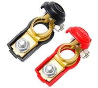 2 PCS Brass Battery Terminal Connectors, VooGenzek 12V/ 24V Battery Terminals Connectors Positive & Negative, with Plastice Cover, for Boat Truck Car, Red and Black