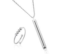 2 Pcs Breathing Necklace and Rings,Breathlace Anxiety Device,Stop Stress,Relief Necklaces Whistle for Exercises Meditation,Anti-Anxiety Inhaler,for Calming Breath Therapy,Calms,Relax,Yoga,Steel Color