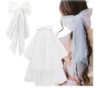 2 PCS Bridal Bow Veil Hair Clip Wedding Veils Pearl White Hair Clips Wedding Accessories Simple Bridal Veil for Bridal Showers Bachelorette Parties Weddings Bridesmaids Gifts