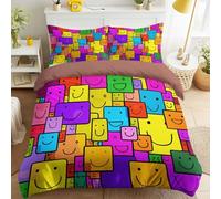 2 Pcs Brown Luxury Bedding Colourful Blocks Smiley Faces Shrink Resistant Duvet Cover Minimalist Cartoon Fluffy Bedding Joyful bright playful with Zipper for Children & Adults, 135 x 200 cm