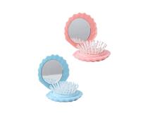 2 Pcs bule pink Shell Shape Foldable Mini Brush for Hair,Travel Size Hair Brush with Mirror,Conch Folding,Portable Compact for Women and Purse Must Haves