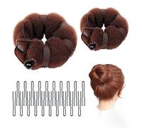 2 Pcs Bun Makers for Hair, Brown Sponge Donut Ring Styler Bun Makers, Easy Bun Makers Tool with Snaps and Hair band, DIY Bun Styling, 2 Sizes, with 20 Pcs U-Clips.