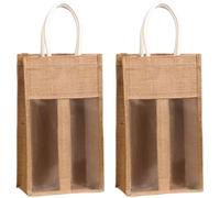 2 Pcs Burlap 2 Compartment Wine Bag with Clear PVC Window, Handles and White Woven Rope, Reusable Wine Bottle Gift Bags, Champagne Carrier for Weddings, Parties, Travel, Storage and Gifting