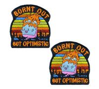 2 Pcs Burnt Out But Optimistic Funny Patch,Hook and Loop Embroidered Cute Cartoon Meme Morale Trendy Patch, DIY Applique Accessories for Backpacks, Dog Harnesses, Vests, Bags, Hats, Jackets