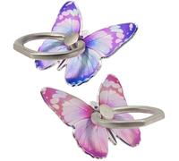 2 Pcs Butterfly Cell Phone Ring Stand Holder, Cute Butterfly Design Finger 360° Rotating Metal Hand Phone Stand Holder, with Adjustable Knob Loop (Purple, Pink)