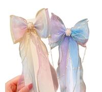 2 Pcs Butterfly Colorful Ribbon Clip, Girls Hair Bows Ribbon Bow Hairpin Pearl Chain Streamers, Princess Ribbon Pearl Tassels Rainbow Hair Barrettes, Grosgrain Ribbon Bow Clips Girls Hair Accessories