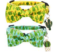 2 PCS Cactus Breakaway Cat Collar Bow Tie with Bell and Pendant Adjustable Safety Buckle Collars for Kitten Yellow and Green