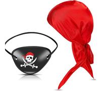 2 Pcs Captain Pirate Costume Accessory Set, Long Red Tail Durag, Red Pirate Bandana & Eye Patch Set, Authentic Costume Accessories, Perfect for Pirate-Themed Parties & Events