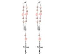 2 Pcs Car Rosary Mirror Rearview, Rose Beads Cross Hanging Accessories Mirror Interior Decors Car Accessories Parts for Car, Automotive, Vehicle (Pink)
