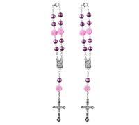 2 Pcs Car Rosary Mirror Rearview, Rose Beads Cross Hanging Accessories Mirror Interior Decors Car Accessories Parts for Car, Automotive, Vehicle (Purple)