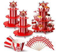 2 Pcs Carnival Striped Circus Tent Cupcake Stands Circus 3 Tier Cupcake Holder 50 Pcs Red and White Striped Popcorn Cupcake Wrappers 100 Pcs Paper Flag Cupcake Toppers Triangle Flag Cake Insert Picks