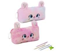2 Pcs Cartoon Cat Fluffy Large Pencil Case for Girls, Cute Pencil Cases Cat Plush Embroidered Pencilcase, Zip Up Pencilcase with Keychain, Large Capacity Storrage for School Supplies (Without Pen)