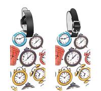 2 Pcs Cartoon Clock Print PU Leather Luggage Tags Travel Suitcase Labels with Adjustable Strap Privacy Protection Cover for Preventing Loss of Baggage