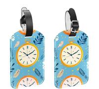 2 Pcs Cartoon Clock Print PU Leather Luggage Tags Travel Suitcase Labels with Adjustable Strap Privacy Protection Cover for Preventing Loss of Baggage