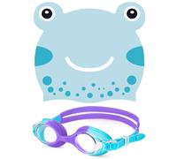 2 PCS Cartoon Swimming Cap with Swimming Goggles,Kids Swimming Cap Adjustable,Swimming Goggles Stretchable Swim Hat,Silicone Swimming Goggles,with Anti-Fog Swim Hat Glasses set for Children (Frogs)