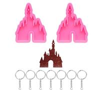 2 Pcs Castle Silicone Mold with Hole Castle Shaped Keychain Molds Chocolate Candy Cake Clay Baking Moulds and 10 Pieces Key Rings with Chain- Castle